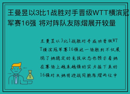 王曼昱以3比1战胜对手晋级WTT横滨冠军赛16强 将对阵队友陈熠展开较量