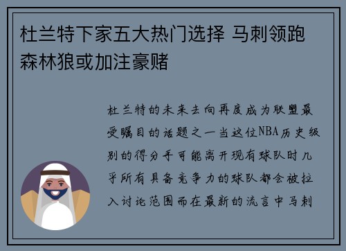 杜兰特下家五大热门选择 马刺领跑 森林狼或加注豪赌
